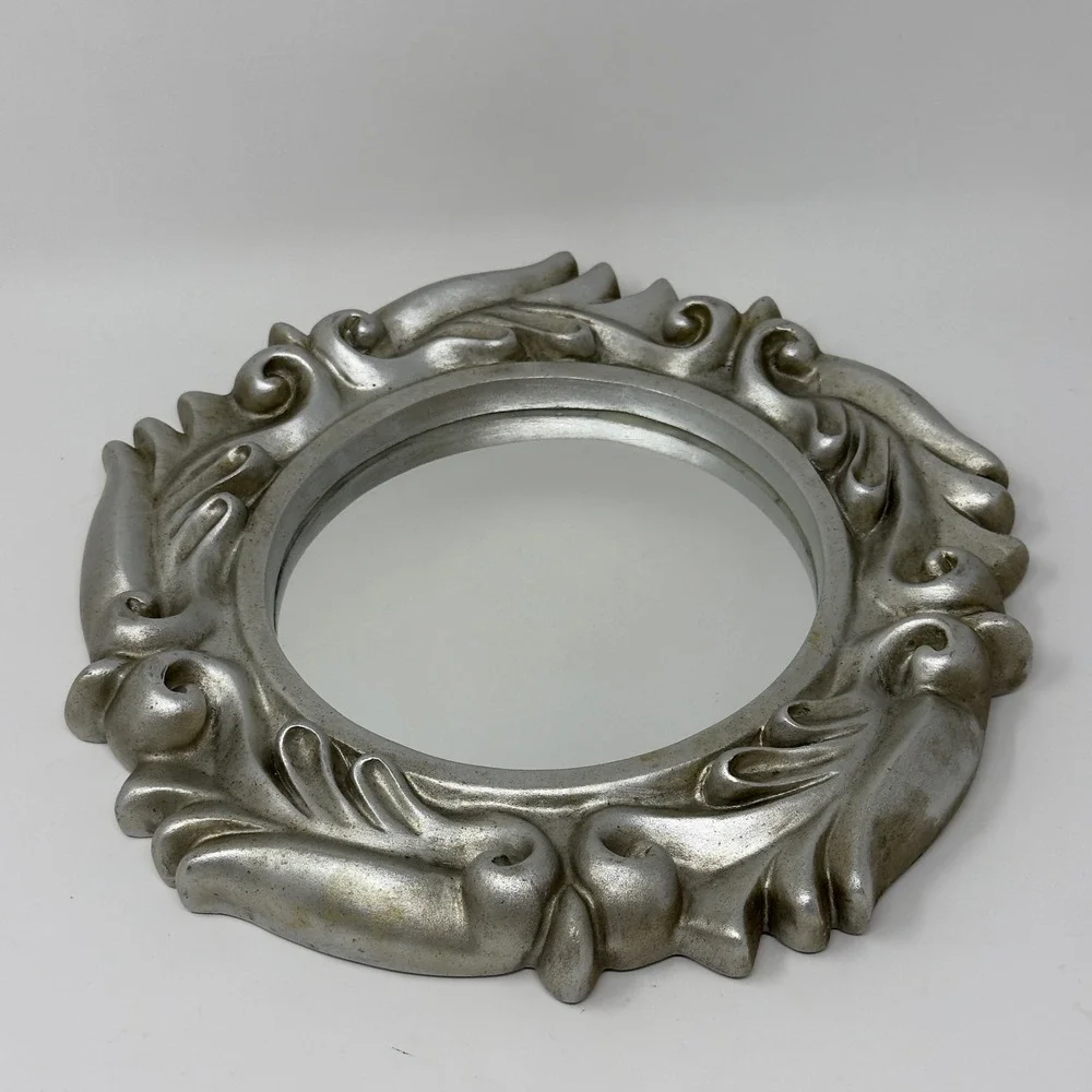 Vintage Silver Tone Ornate Round Mirror Baroque Scroll Frame 11